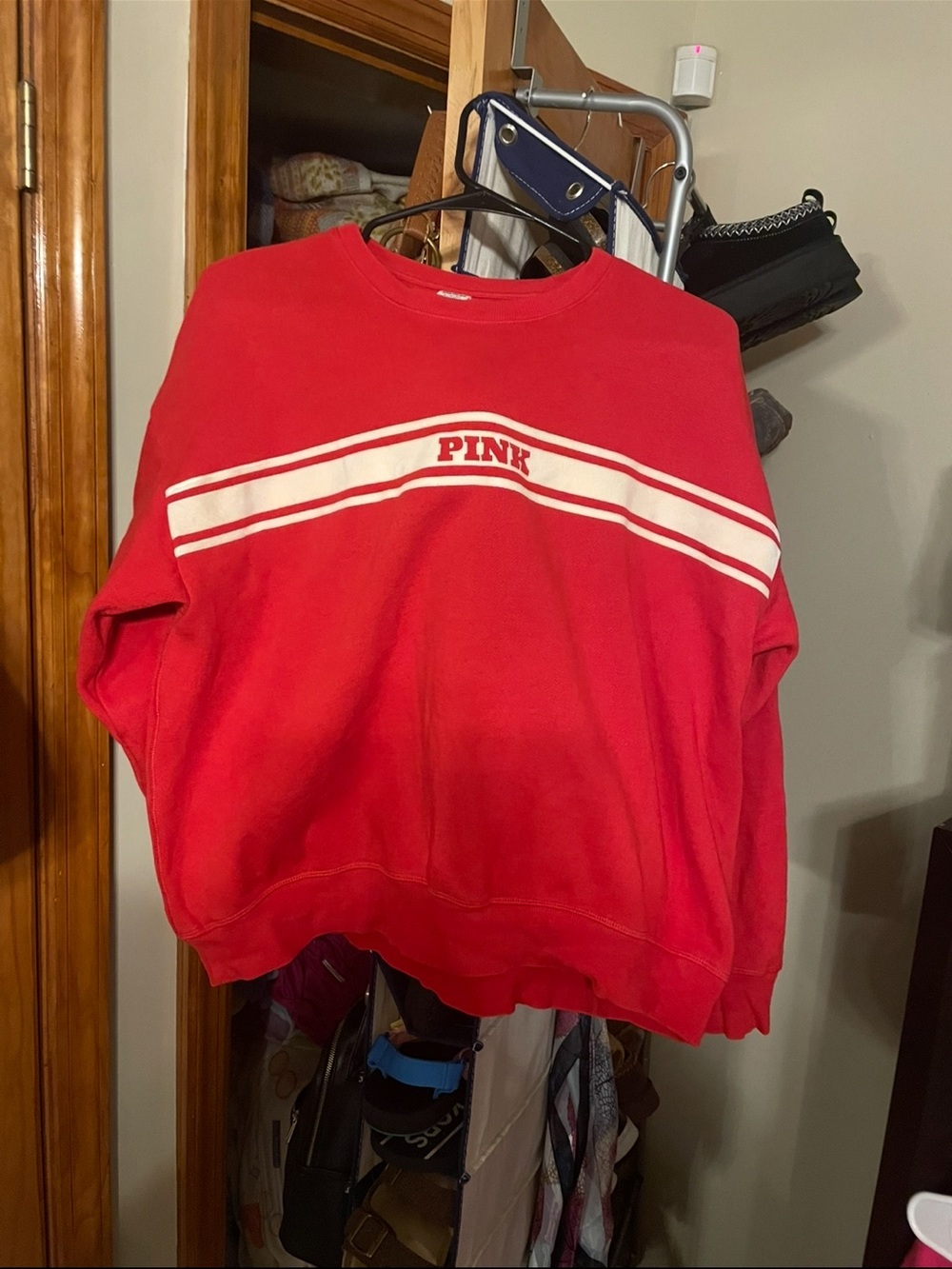 PINK Victoria's Secret Red Crewneck Sweatshirt with White Stripes